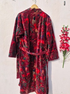 OFMD Pink Bird Velvet Banyan Fabric Kimono Cotton Velvet <b>Robe</b> Long, Original OFMD break up <b>robe</b> Printed Kimono With Tassels - Product Image 3