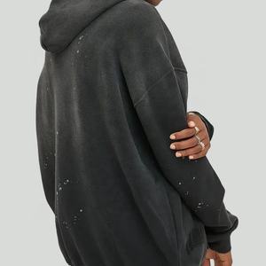 Wholesale Custom <b>Hoodie</b> for Men Vintage Cloud Gray Double Hood Patchwork Distressed <b>Hoodie</b> Printing Manufacturer - Product Image 2