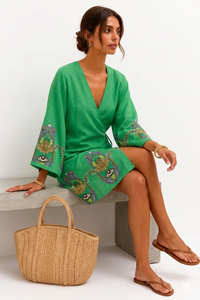 Vestido corto de muselina informal estilo bohemio con estampado de ojo turco verde hasta la rodilla y lazo en la espalda - Product Image 2