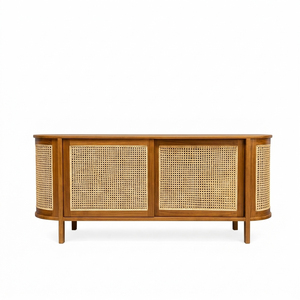 Buffet de salle à manger ovale contemporain en teck élégant avec portes en rotin naturel, meuble de rangement pour la maison, vente en gros - Product Image 3