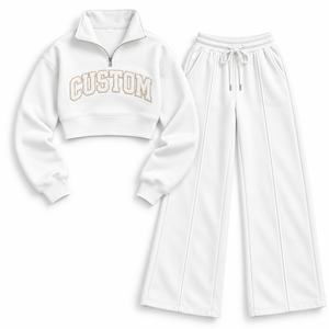 Conjunto de Chándal para Mujer con Sudadera Corta Blanca de Media Cremallera y Pantalón de Pierna Ancha, con Logotipo Personalizado, Sudadera Bordada Personalizada, Venta al por Mayor OEM - Product Image 3