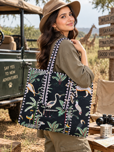 Bolso Tote Ligero Acolchado para Mujer, Estampado de Hojas Tropicales y Animales de la Selva, Estilo Bohemio, Cierre de Cremallera, Cadenas, para Todas las Temporadas - Product Image 1