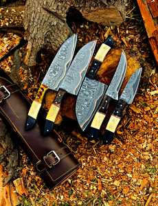 Ensemble de couteaux de chef en acier à haute teneur en carbone, 5 pièces, forgés à la main, manche en os, cuisine traditionnelle, ambidextre, 4-5,9 pouces, finition haute brillance - Product Image 2
