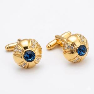 Boutons de manchette ronds en laiton doré avec pierres serties pour homme – Bijoux de luxe pour mariages et événements formels – Idée cadeau - Product Image 1