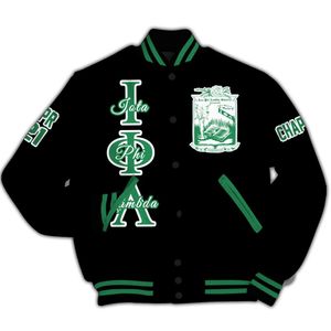 Veste universitaire personnalisée pour femmes Iota Phi Lambda, noire et vert émeraude, avec lettres, écusson, numéro et année, style bomber - Product Image 5