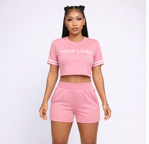 Conjunto de Camiseta Corta y Pantalones Cortos a Rayas con Logotipo Personalizado para Mujer, Conjunto de Dos Piezas Informal - Product Image 1