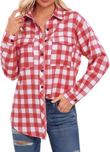 Wholesale Womens Long Sleeve Buffalo Plaid Flannel Shirt Double Chest Flap Pockets Black White <b>Checkered</b> Casual Button Down Blou - Product Image 4