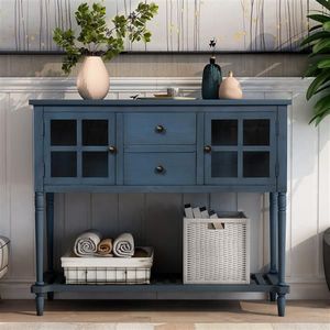 Antique Navy Farmhouse Wood/Glass Console Sideboard with Bottom Shelf Buffet Storage Cabinet for Living Room - Product Image 2