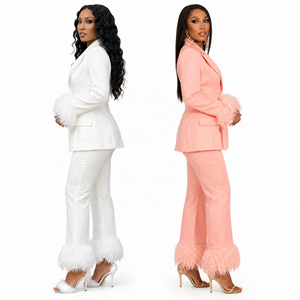 Women's Two Piece Short Collarless Satin Suit <b>Set</b> with Feather Trim Blazer Pants <b>Sexy</b> Club Wear Regular Fit Solid Color Summer - Product Image 3
