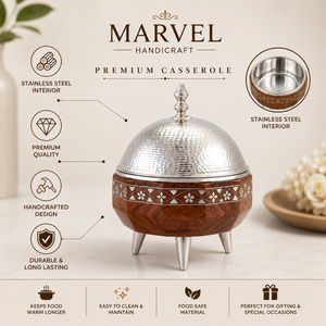 Casserole isotherme en bois de qualité supérieure Marvel Handicraft avec couvercle en acier inoxydable martelé |   Bol chauffe-plats de luxe - Product Image 5