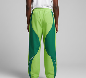 Pantalon de survêtement droit vert pour homme, en laine, à blocs de couleur, taille élastique avec cordon de serrage, décontracté, respirant, poids moyen, lin/coton, personnalisé - Product Image 2