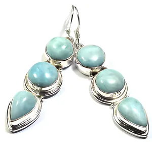Pendientes Colgantes Hechos a Mano de Plata de Ley 925 con Larimar Azul, Joyería Elegante con Piedras Preciosas Naturales para Mujer - Product Image 1