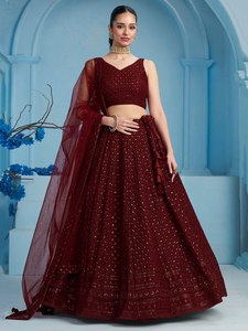 Conjunto de Lehenga Maxi de Satén con Encaje Borgoña, Corte en A, Sin Mangas, Bordado, Vestido de Noche de Dos Piezas con Dupatta de Tela de Red, para Banquetes y Bodas - Product Image 1