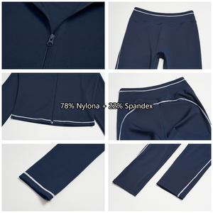 Ensemble de yoga 2 pièces pour femme avec haut court à manches longues zippé et short taille haute sans coutures à surpiqûres contrastées – Tenue de sport - Product Image 4