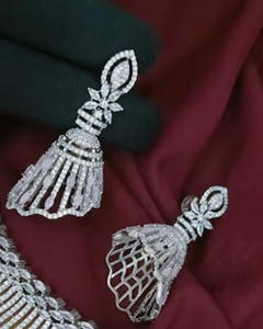 Stylish Best Quality <b>Silver</b> Finish CZ Zircon Stones <b>Choker</b> Set with Matching Earrings for Party Wear Collection For Women - Product Image 2