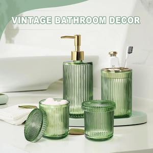Elegante Juego de Organizadores de Baño de Vidrio Verde para Baños de Huéspedes de Hotel y Encimeras de Tocador con Detalles Dorados, Estilo Moderno para Uso Diario - Product Image 2