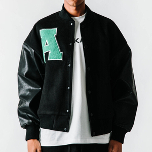 Blouson Bomber Homme Streetwear Hiver 100% Laine Toile Respirante Broderie Cristal Manches en Cuir Véritable Fermeture Éclair Avant - Product Image 1