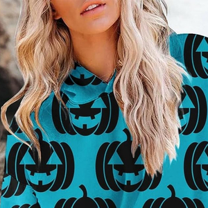 Premium Women's Sublimated <b>Halloween</b> <b>Hoodie</b> All Over Teal Blue Jack O Lantern Pumpkin Print Polyester Pullover Sweatshirt OEM - Product Image 5
