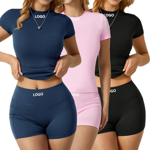 Womens Ribbed 2 Piece Shorts Set Square <b>Neck</b> Short Sleeve Crop Top High Waist Biker Shorts <b>Light</b> Blue Sporty - Product Image 5