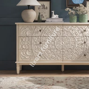Luxury Handcrafted Solid Wood 6 Drawer Dresser Ornate Mandala Floral Carving Antique White Finish - Product Image 6