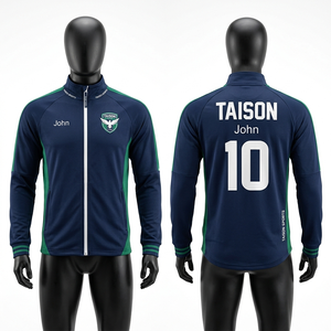 Veste de football pour homme, tissu polaire polyester premium 220 GSM, bleu marine, design à panneaux verts, fermeture éclair intégrale, logo personnalisé par sublimation - Product Image 6