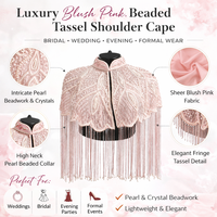 Ellora Cape d'épaule en nylon rose poudré perlée pour femme, avec franges de perles et pompons, transparente, pour robe de soirée ou de mariée, châle, surplongeant, 39