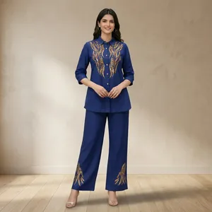 Ensemble 2 pièces brodé bleu pour femme, haut et pantalon en coton Oxford à manches trois quarts, coupe ample, élégant, pour toutes les saisons - Product Image 6
