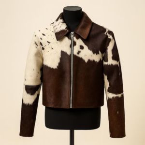 Veste en cuir unisexe à imprimé vache, col rabattu, fermeture éclair, longueur courte, style décontracté automne, coupe ajustée - Product Image 1