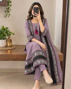 <b>Embroidered</b> Cotton Indian Pakistani Top Square Neck Long Sleeve Floor-Length Loose Fit <b>Tunic</b> Ethnic Print Dress Daily Wear Fancy - Product Image 2