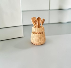 Porta Utensilios de Ratán, Contenedor de Almacenamiento de Mimbre Color Crema, Detalle de Rejilla, Redondo, para Utensilios de Cocina, Cuchillos, Cucharas, Botellas de Vino - Product Image 3