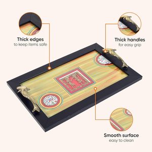 Yellow Color Sticker Printed Wooden <b>Walnut</b> Border with Casted Handled Fruit Serving Tray for Dining <b>Table</b> Home Usage in Cafes - Product Image 4