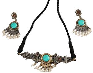 Parure de mariée bicolore turquoise avec collier ras-du-cou, collier à pendentif perle et boucles d'oreilles, style bohème, finition or antique, pour mariage, fiançailles, fête et anniversaire - Product Image 1
