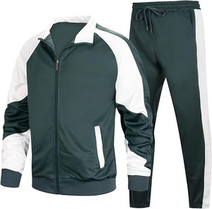 Men's Green White Color Blocking Tracksuit Full Zip <b>Jacket</b> With Side Pockets And Matching Pants Sporty Autumn Wear Regular Fit - Product Image 1