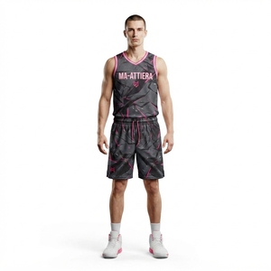 Ensemble de maillot et short de basketball pour hommes Ma-Attiera, noir et rose, respirant, 100% polyester, impression numérique, uniforme sportif d'équipe - Product Image 1