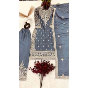 Ensemble haut-bas et dupatta pour femmes, magnifique, couleur violet, avec broderie et travail de sequins, taille L, marque SSR - Product Image 1