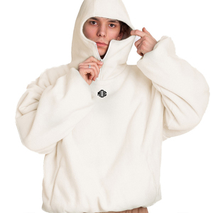Sweat à capuche tendance en polaire sherpa beige, coupe oversize, chaud pour l'hiver, avec poches, style streetwear, fournisseur de sweats à capuche balaclava personnalisés - Product Image 1