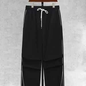 Men's Black & White Line <b>Drawstring</b> Straight Leg Casual Pants Spring Autumn Loose Cargo Style <b>Trousers</b> - Product Image 1
