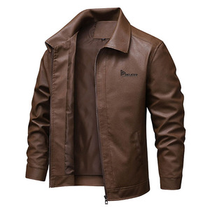 Nouvelle veste en cuir marron pour homme, style moto, coupe ajustée, col rabattu, fermeture éclair sur le devant, logo, vêtement d'automne - Product Image 3
