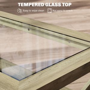 Tavolo da salotto grigio con struttura in legno e piano in vetro temperato sotto il ripiano di stoccaggio - Product Image 4