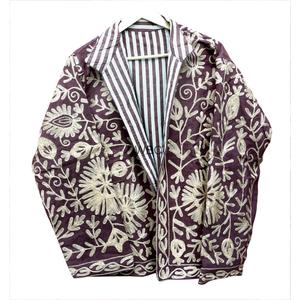 WOODEN BLOCK CRAFT INDIA Veste pour femme en velours côtelé brodé à rayures, doublure en coton écologique respirant, col mandarin, motif floral - Product Image 4