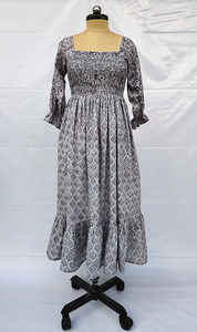 Ladies Grey Black Printed Smocking <b>Dress</b> Square Neck Puff Sleeve Midi Length Casual Cotton Summer A-Line Silhouette Breathable - Product Image 1