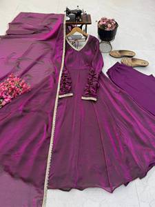Costume Anarkali violet pour femmes avec dupatta, longueur au sol, tenue de fête ethnique indienne pakistanaise - Product Image 2