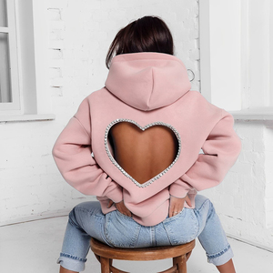 Sweat-shirt rose à capuche avec découpe en forme de cœur en strass au dos, haut en molleton décontracté pour femme, coupe ample, à porter en toutes saisons - Product Image 1