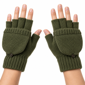 Guantes sin Dedos de Punto Verde Oliva con Cierre de Botón, Largos hasta la Muñeca, Cálidos para Uso Diario, Estilo Invernal, Lisos, de Acrílico y Algodón - Product Image 1