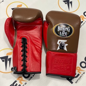 Gants de sparring personnalisés rouge/marron NO BOXING NO LIFE, en cuir de vache véritable, à lacets, pour le kickboxing, le Muay Thai, le MMA. - Product Image 2