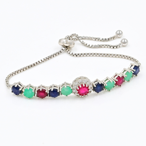 Bracelet tennis classique pour femme avec pierres précieuses rondes rubis, émeraude et saphir 5x6 mm, en argent sterling 925, bijoux fins - Product Image 1