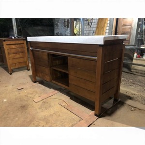 Meuble-lavabo double moderne en teck massif avec comptoir en terrazzo, style meuble-lavabo sur pied pour hôtel de luxe - Product Image 6