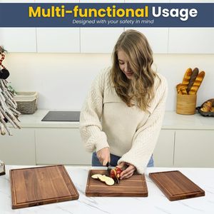 Juego de 3 tablas de cortar de madera de acacia premium con soporte, tabla de picar de madera gruesa con ranura para jugos, suministro para restaurantes, venta al por mayor - Product Image 3