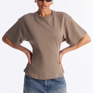 T-shirt de sport pour femme, décontracté, à séchage rapide, respirant, avec fermeture éclair au dos, manches courtes, 100% coton, couleur kaki unie, pour fitness, yoga et gym. - Product Image 3