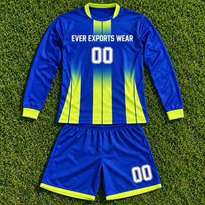 Custom Print Royal Blue Neon Yellow Soccer Long Sleeve Jersey and Matching Shorts Low MOQ for Youth and Adult <b>Teams</b> <b>Team</b> Kit - Product Image 4